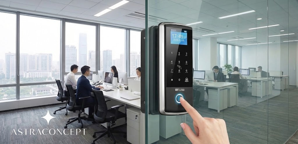 Astra Glass | Fechadura Biométrica para Porta de Vidro (Sem Furos)